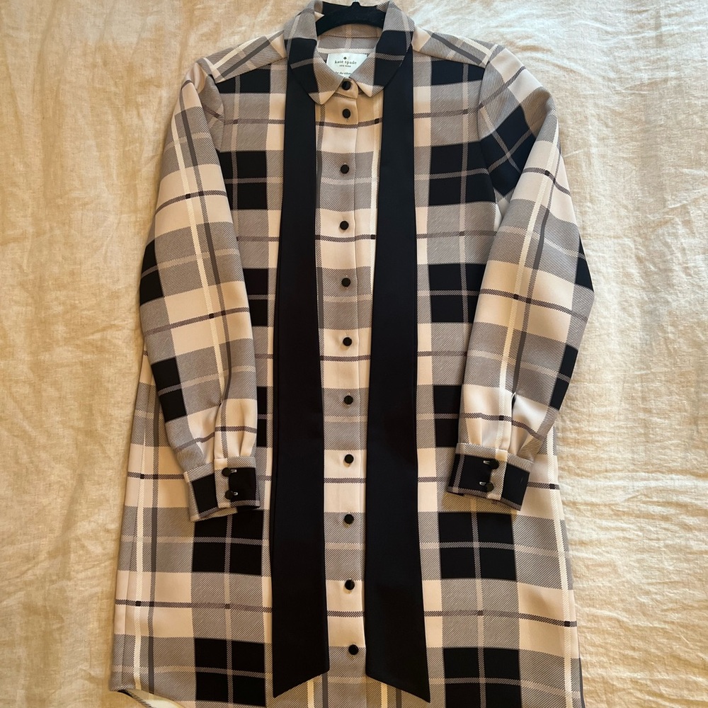 kate spade Black and Tan Plaid Long Sleeve Shirt Dress with Bow - Picture 2 of 7